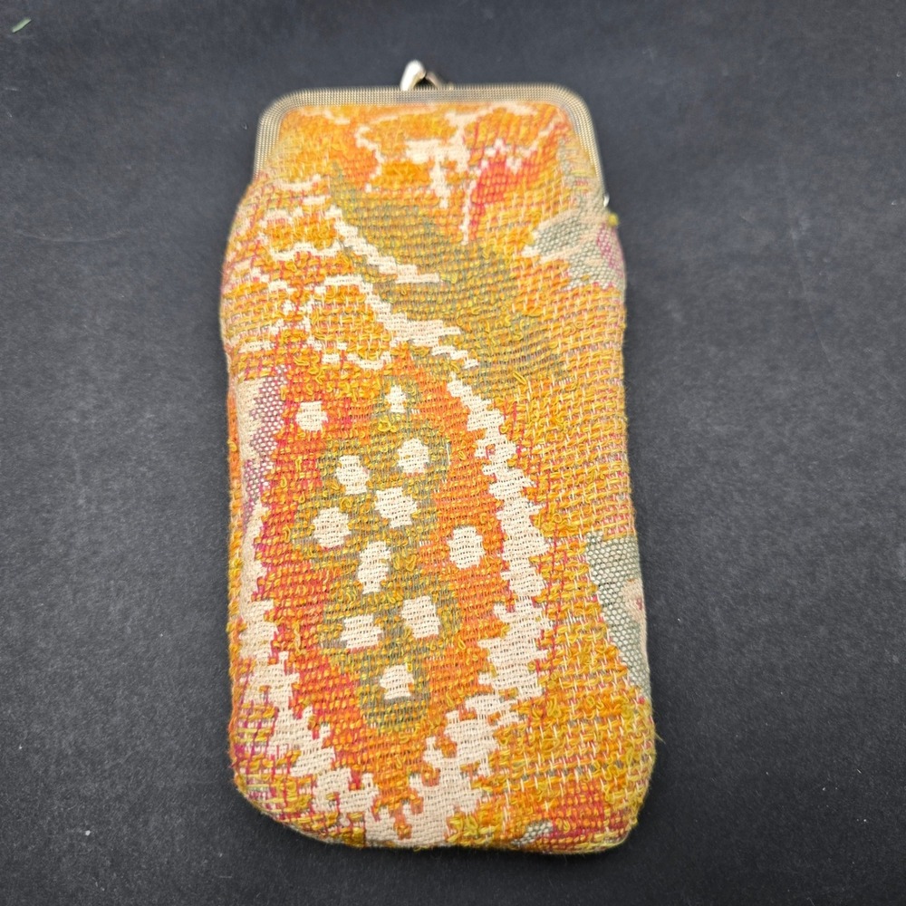 Vintage Tapestry Kiss Lock Eyeglass Case Orange Floral Woven Pouch